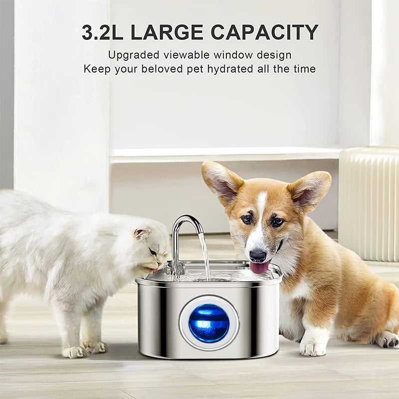Transparent Window Cat Water Dispenser with Sensor 3.2L/108Oz Super Quiet& Pets Auto Filter Stainless Steel Cats Water Fountain