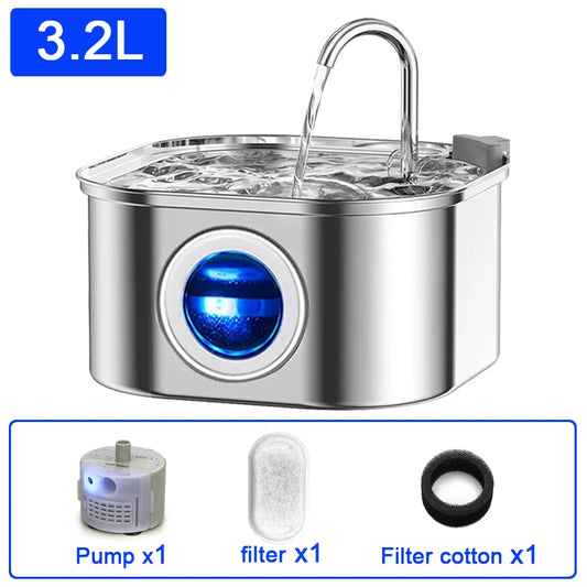 Transparent Window Cat Water Dispenser with Sensor 3.2L/108Oz Super Quiet& Pets Auto Filter Stainless Steel Cats Water Fountain