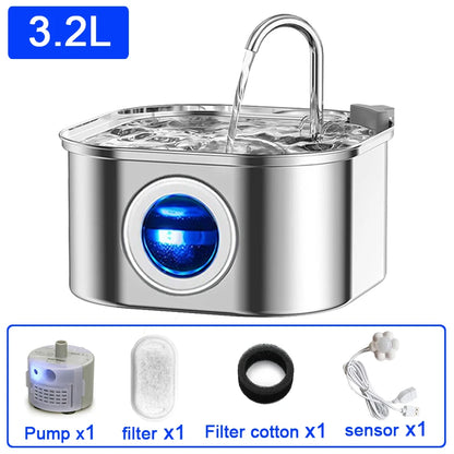Transparent Window Cat Water Dispenser with Sensor 3.2L/108Oz Super Quiet& Pets Auto Filter Stainless Steel Cats Water Fountain